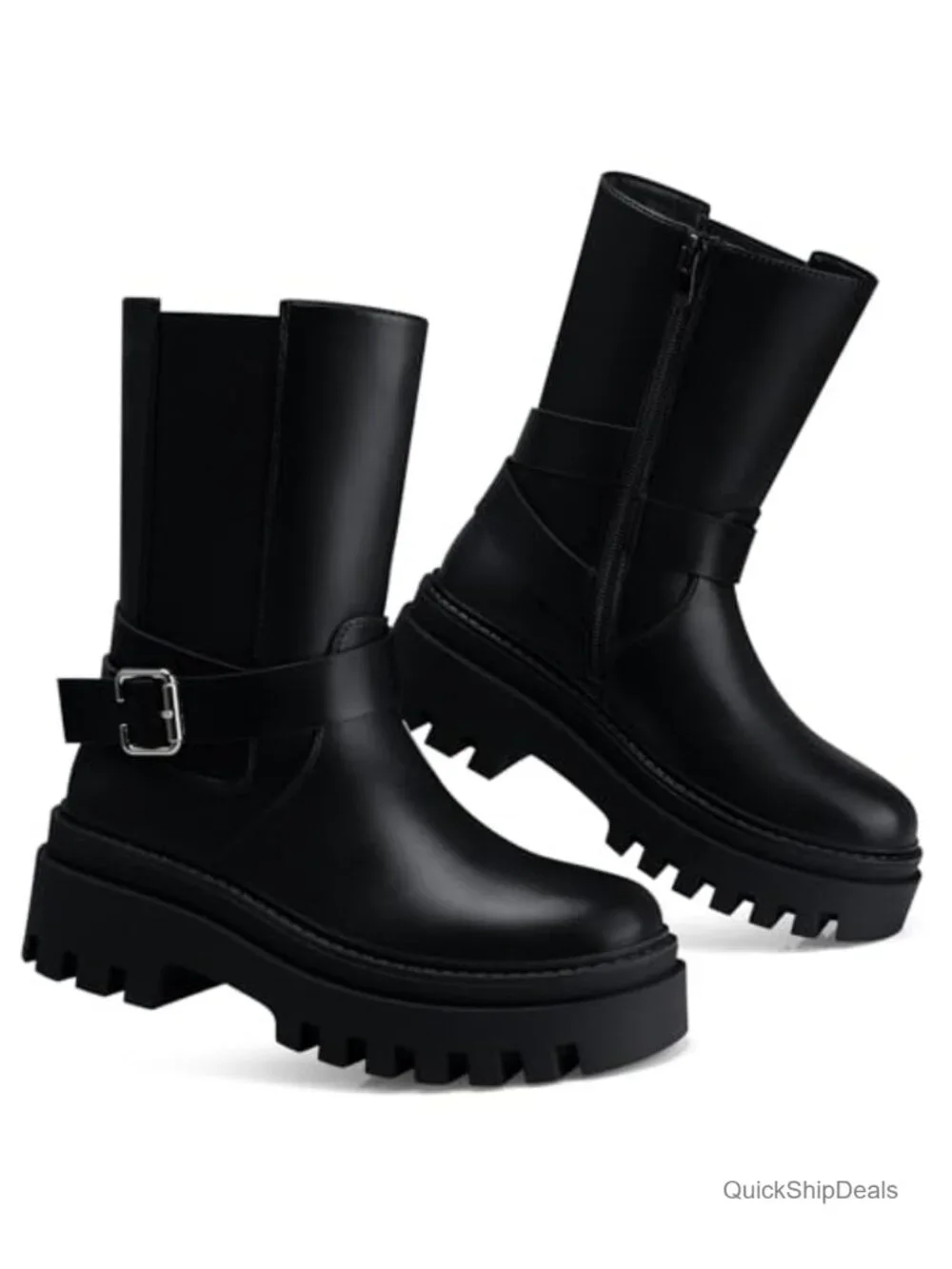 Women's Platform Ankle Boots Waterproof PU Leather Side Zip Round Toe Block Heel